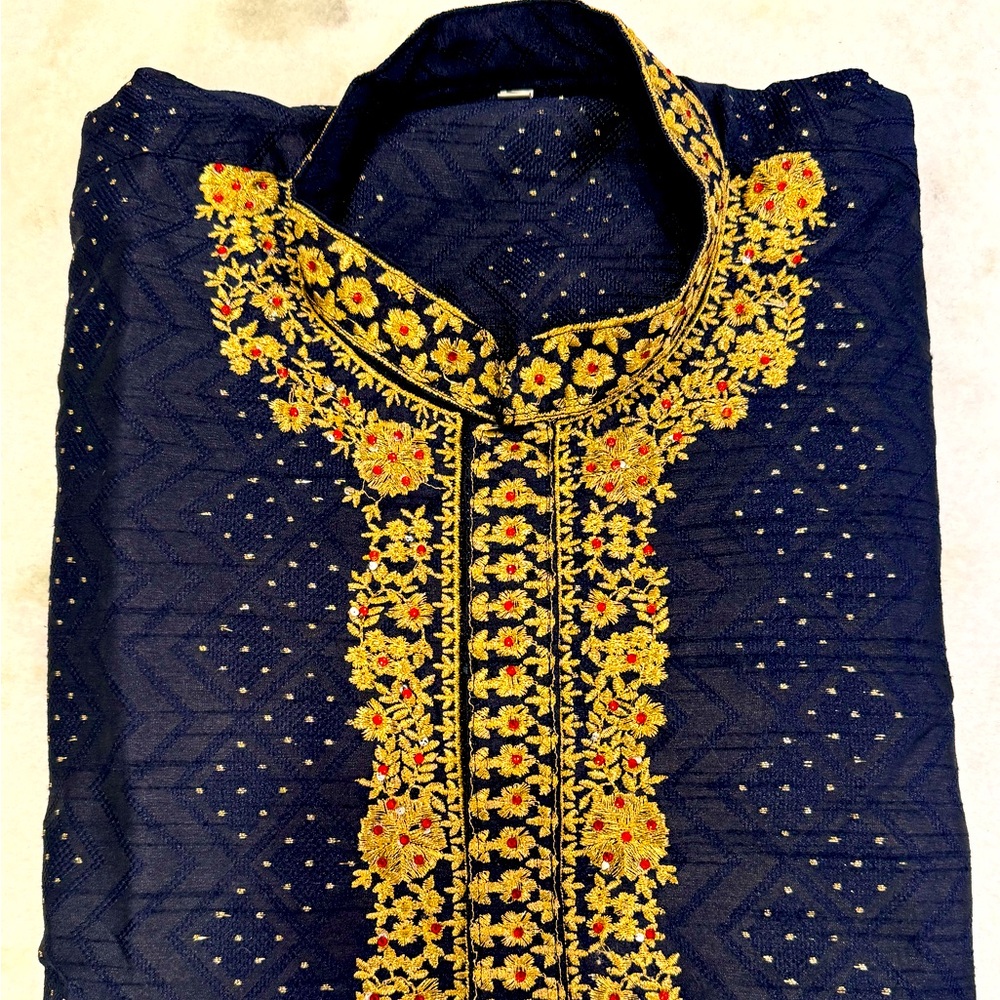 Stylish Silk Kurta With Detailed Yoke Work & Matching Gold Pants - Make an offer